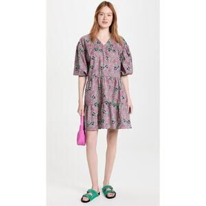 Sundry Ditsy Floral Puff Sleeve Tiered Mini Dress Sage Green Multi Women's 0 XS